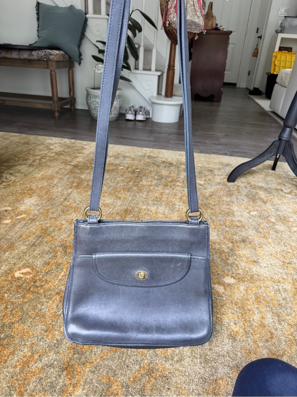 Hunt Club Vintage Navy Leather Shoulder Bag with Brass Turn-Lock